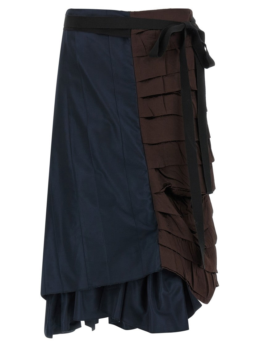 Prada Asymmetrical Patchwork Skirt With Ruffle Details And Grosgrain Tie