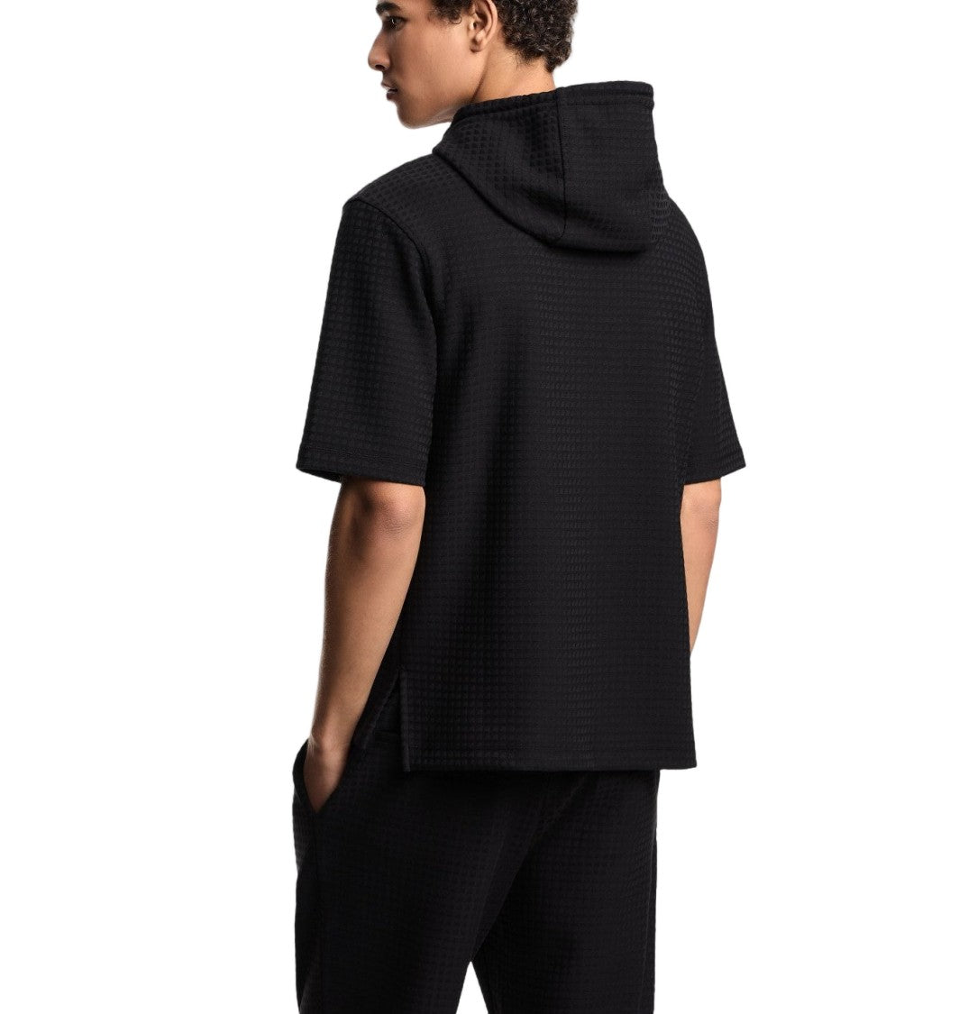 Emporio Armani Black Jacquard Knit Sweatshirt With Drawstring Hood And Micro Eagle Embroidery