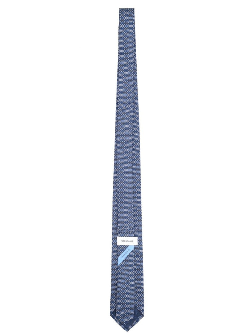 Ferragamo Blue Geometric Pattern Pointed Tip Tie