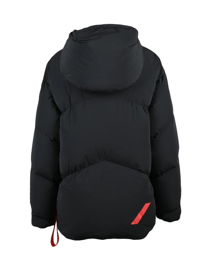 After Label Oversized Black Down Jacket With Adjustable Hood And Quilted Finish