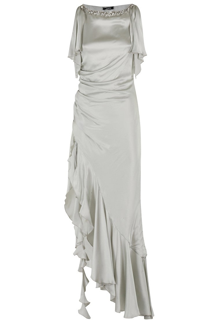Amen Rhinestone-Trim Satin Dress