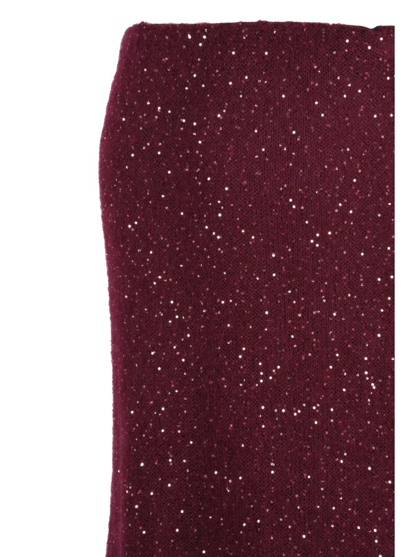 Nude Red Polyester Elasticated Rhinestone Knit Midi Skirt