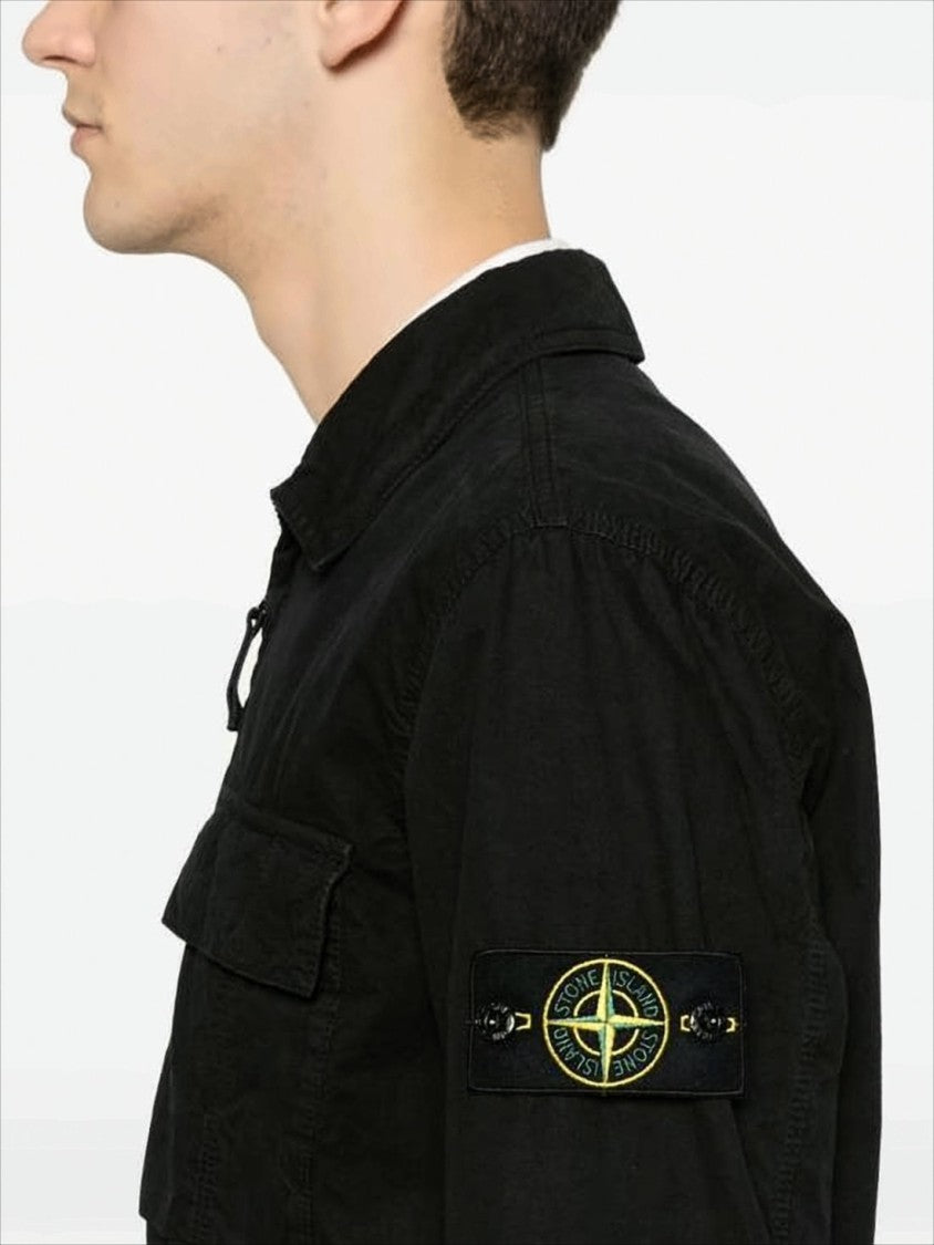 Stone Island Minimalist Black Cotton Casual Jacket With Front Zipper
