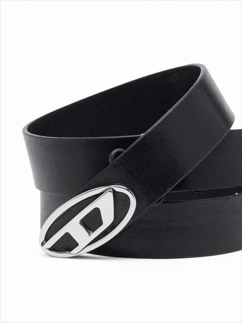 Diesel Smooth-Finish Black Leather Belt With Oval Silver Buckle