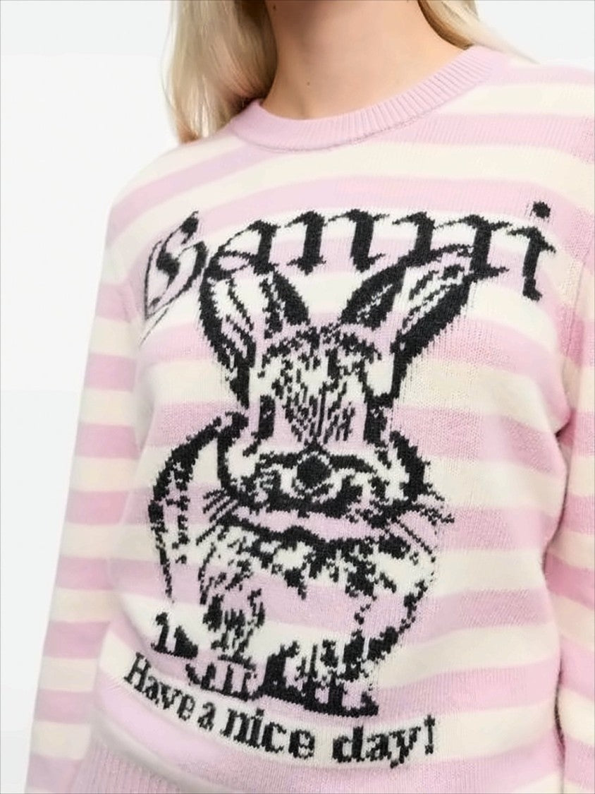Ganni Playful Pastel Knit Sweater With Bunny Graphic