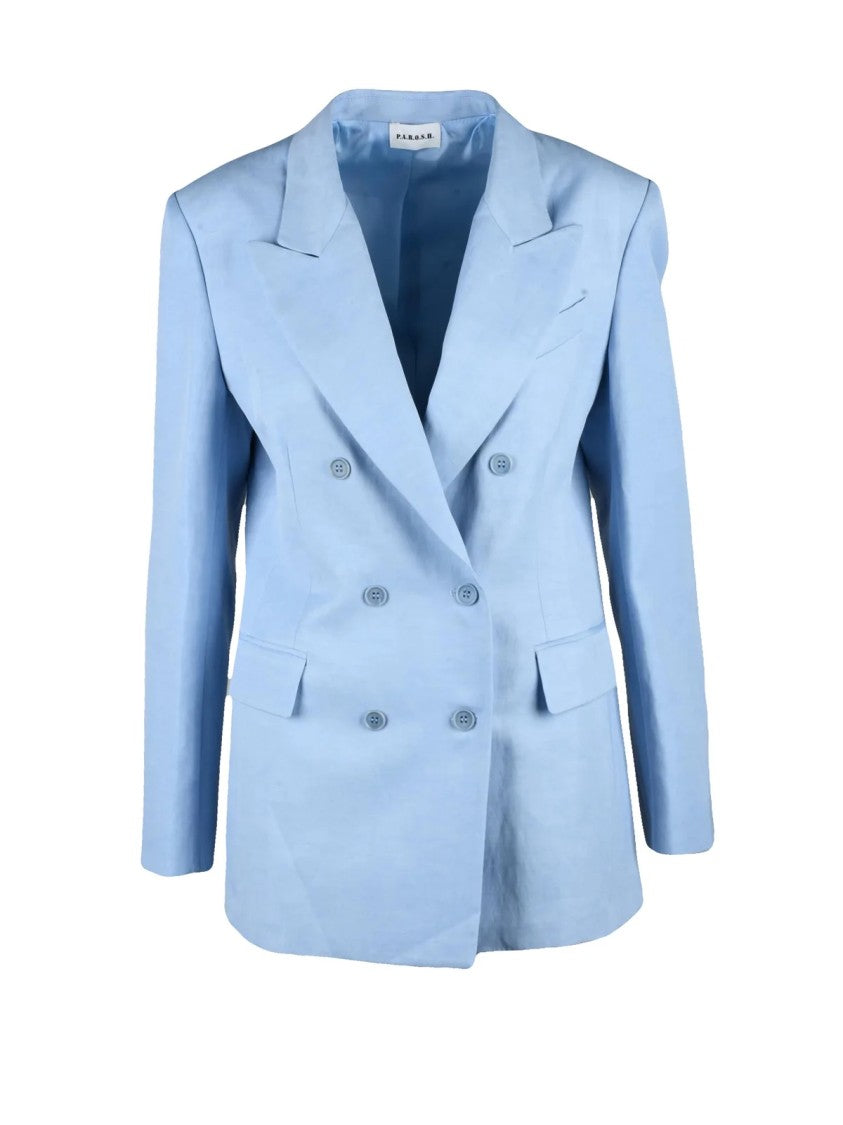 P.A.R.O.S.H. Light Blue Viscose Linen Women's Double-Breasted Jacket