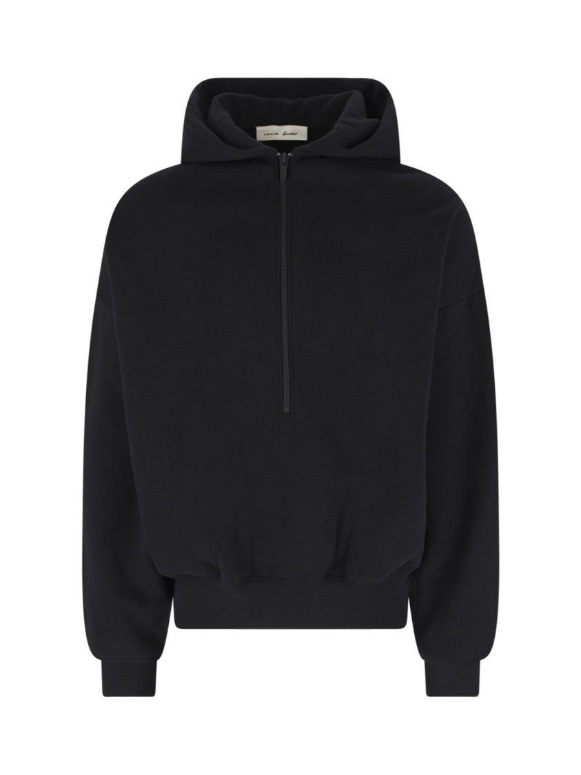 Fear Of God Essentials Black Cropped Half-Zip Embossed Logo Hoodie