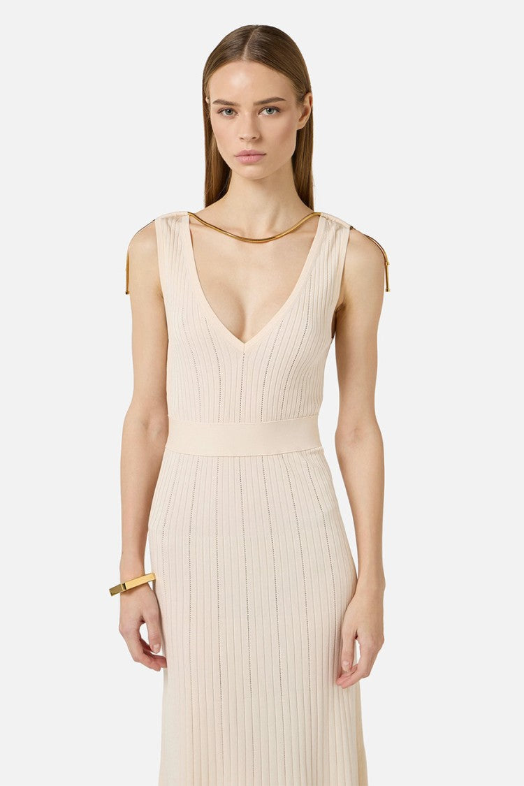 Elisabetta Franchi Butter V-Neck Ribbed Chain Tie Straps Viscose-Blend Midi Dress