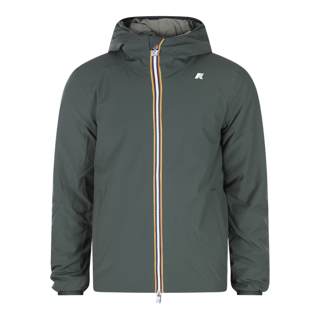 K-Way Green Hooded Jacket With Multicolor Stripe Detail
