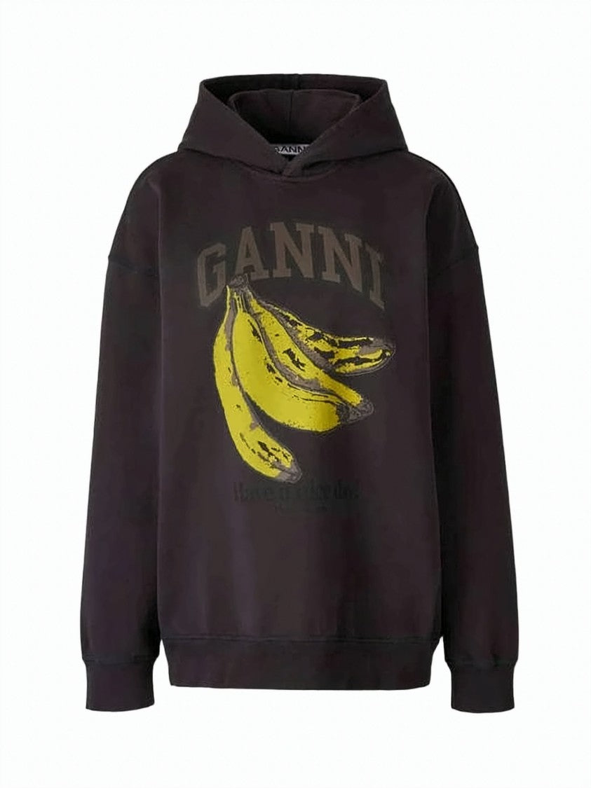 Ganni Relaxed Fit Black Hoodie With Graphic Print