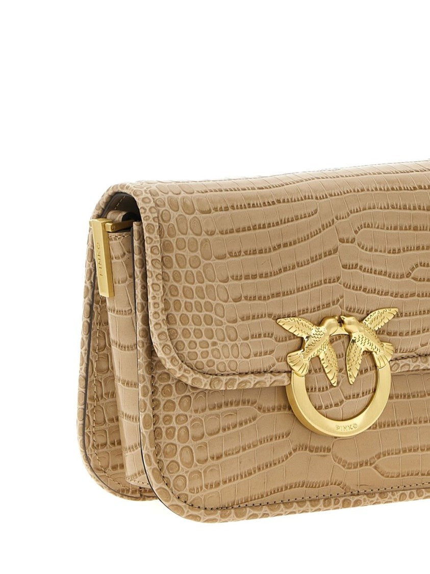 Pinko Crocodile Print Beige Leather Bag With Gold-Tone Closure