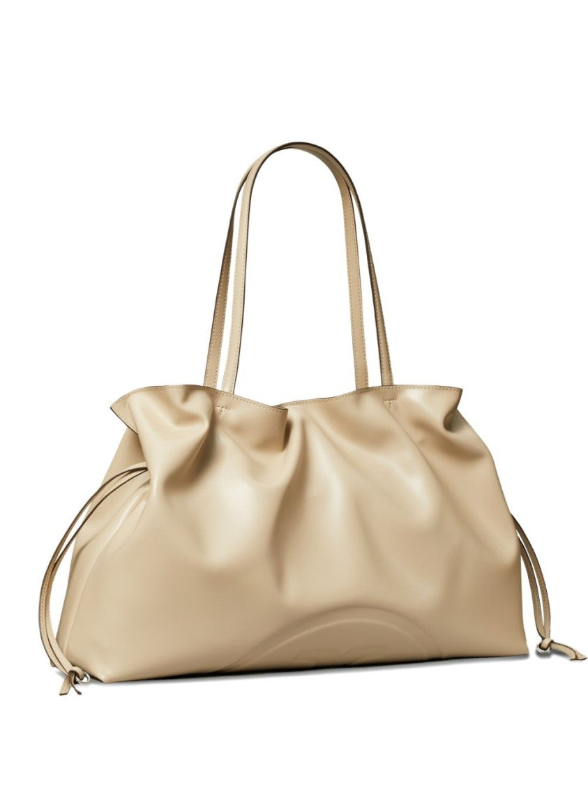 Tory Burch Gathered Beige Shoulder Bag With Drawstring Accents And Dual Straps