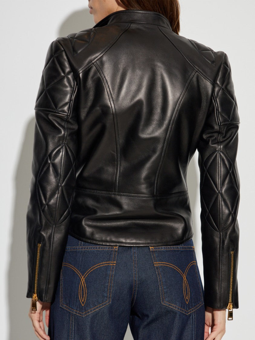 Versace Black Agnello Quilted Leather Biker Jacket
