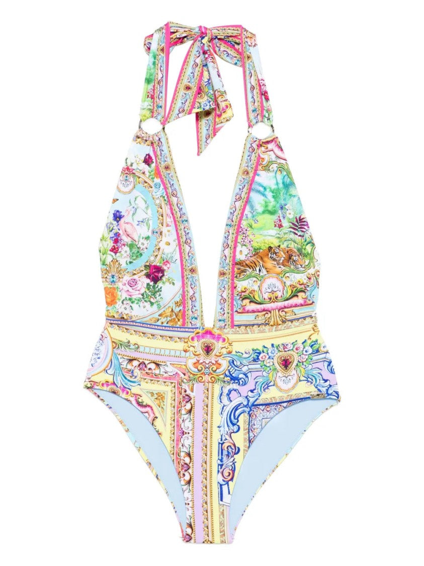 Camilla Baroque Print Swimsuit With Jewel Embellishments And Halter Neck Design