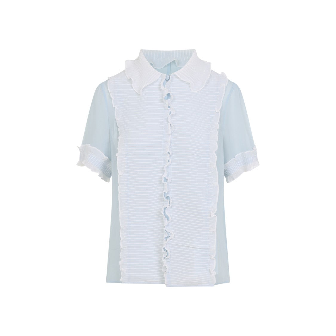 Jil Sander Light Blue Silk Blouse With Textured White Ruffle Panel