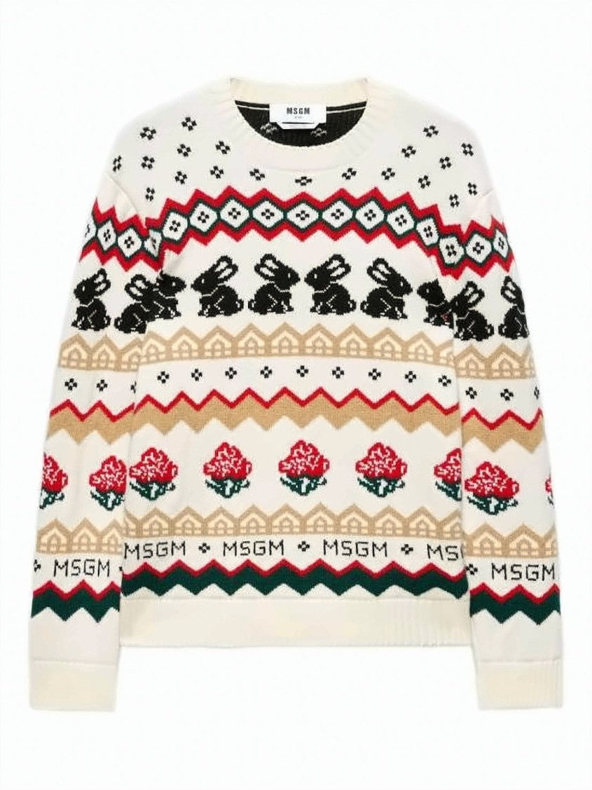 Msgm Intricately Patterned Cream Knit Sweater