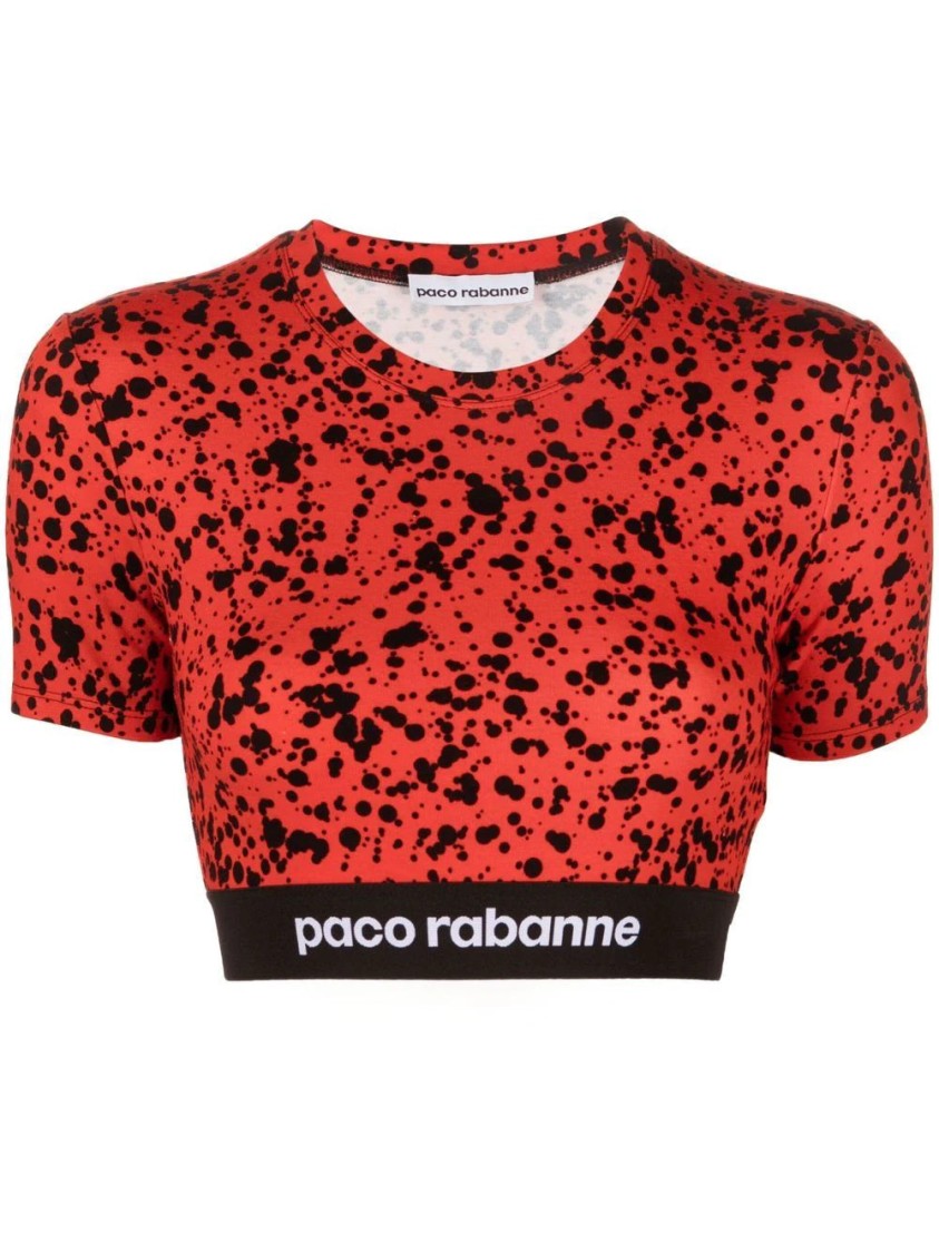 Paco Rabanne Cropped Top With Black Splatter Pattern And Elastic Hem