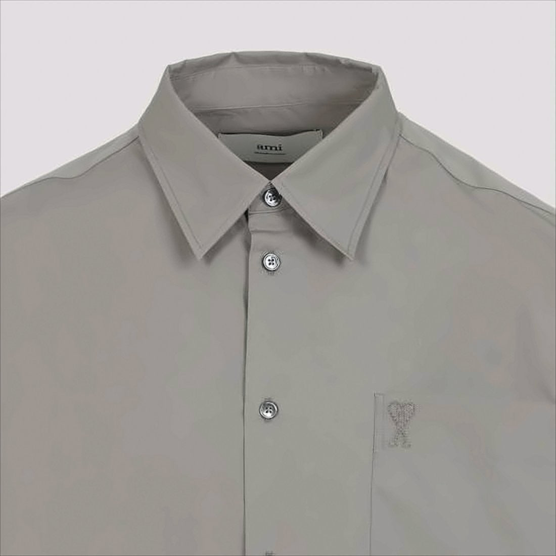 Ami Short-Sleeve Grey Classic Cotton Shirt With Embroidered Detail