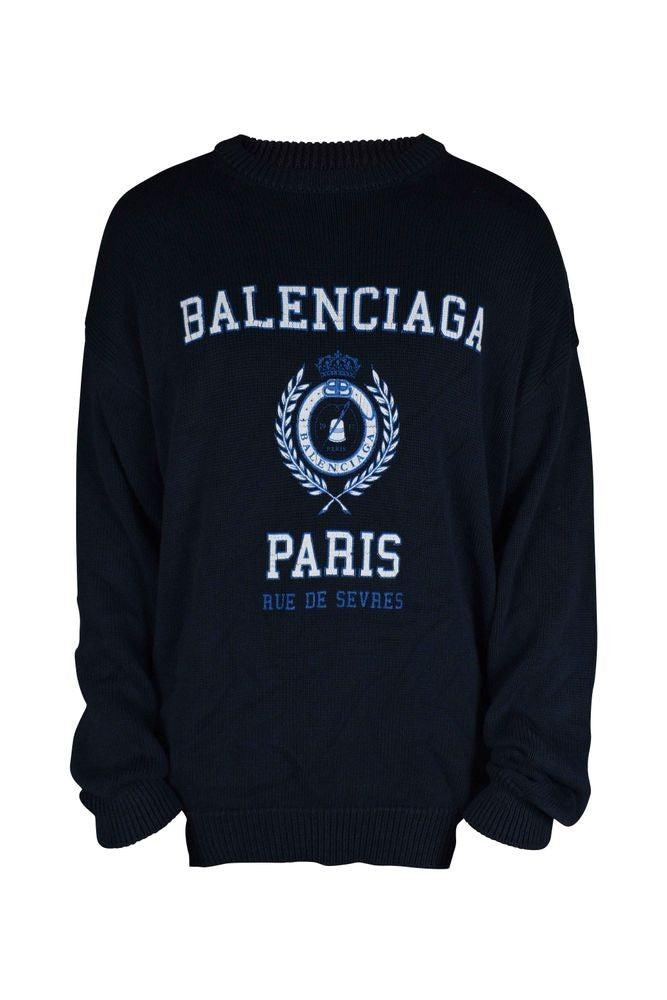 Balenciaga Navy Blue Knit Sweater With Logo Print