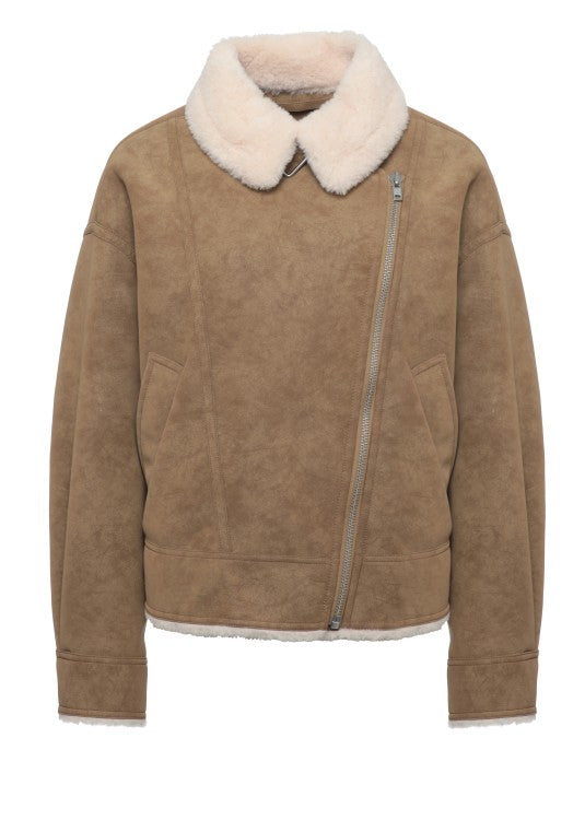 Stand Studio Asymmetrical Zip Brown Jacket With Plush Faux Fur Collar