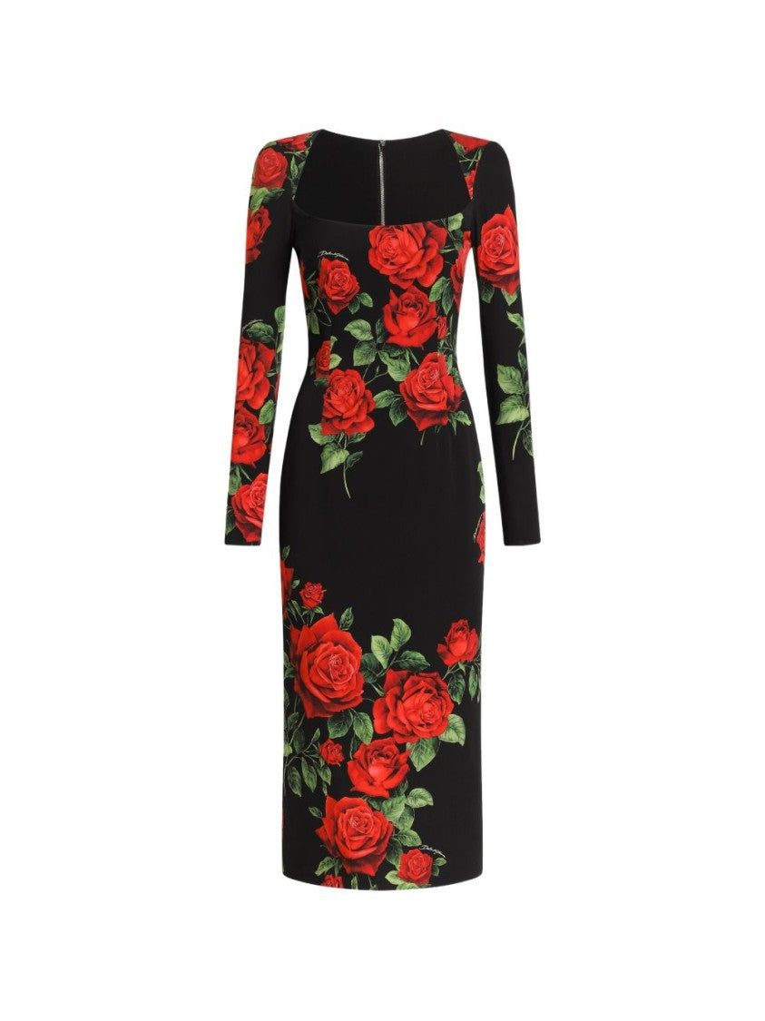 Dolce & Gabbana Fitted Signature Rose Prints Midi Dress