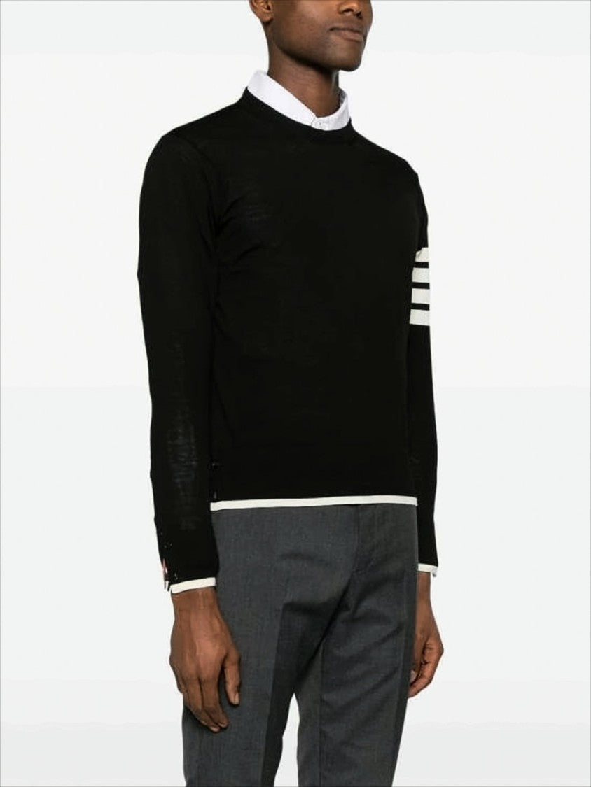 Thom Browne Crew Neck Black Wool Sweater With Signature Stripes And Buttoned Cuffs