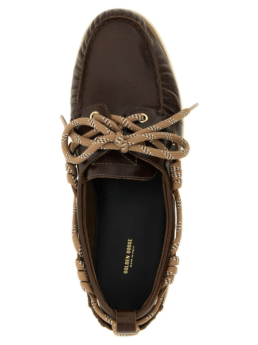 Golden Goose Curled Front Leather Boat Loafers With Contrasting Lace Detail