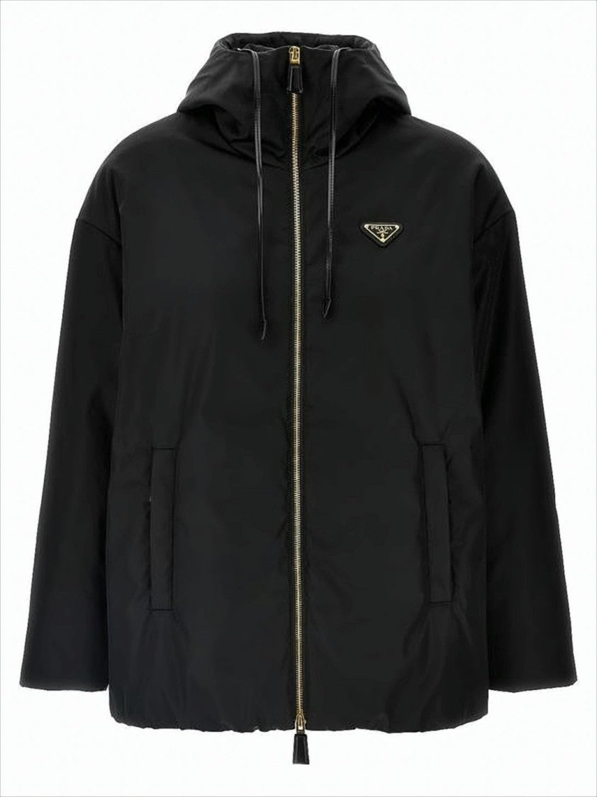 Prada Padded Black Jacket With Hood And Gold-Tone Hardware