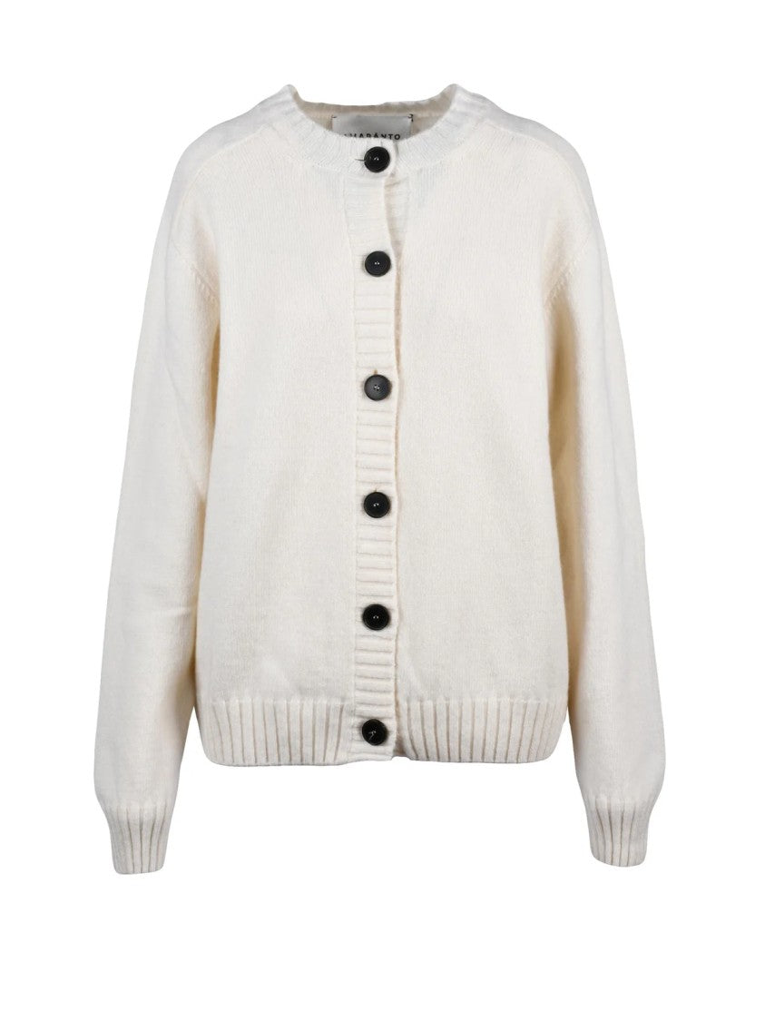 Amaranto White Crew Neck Wool-Cashmere Cardigan