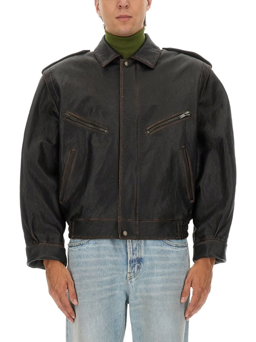 Saint Laurent Boxy Lambskin Leather Jacket With Structured Shoulders