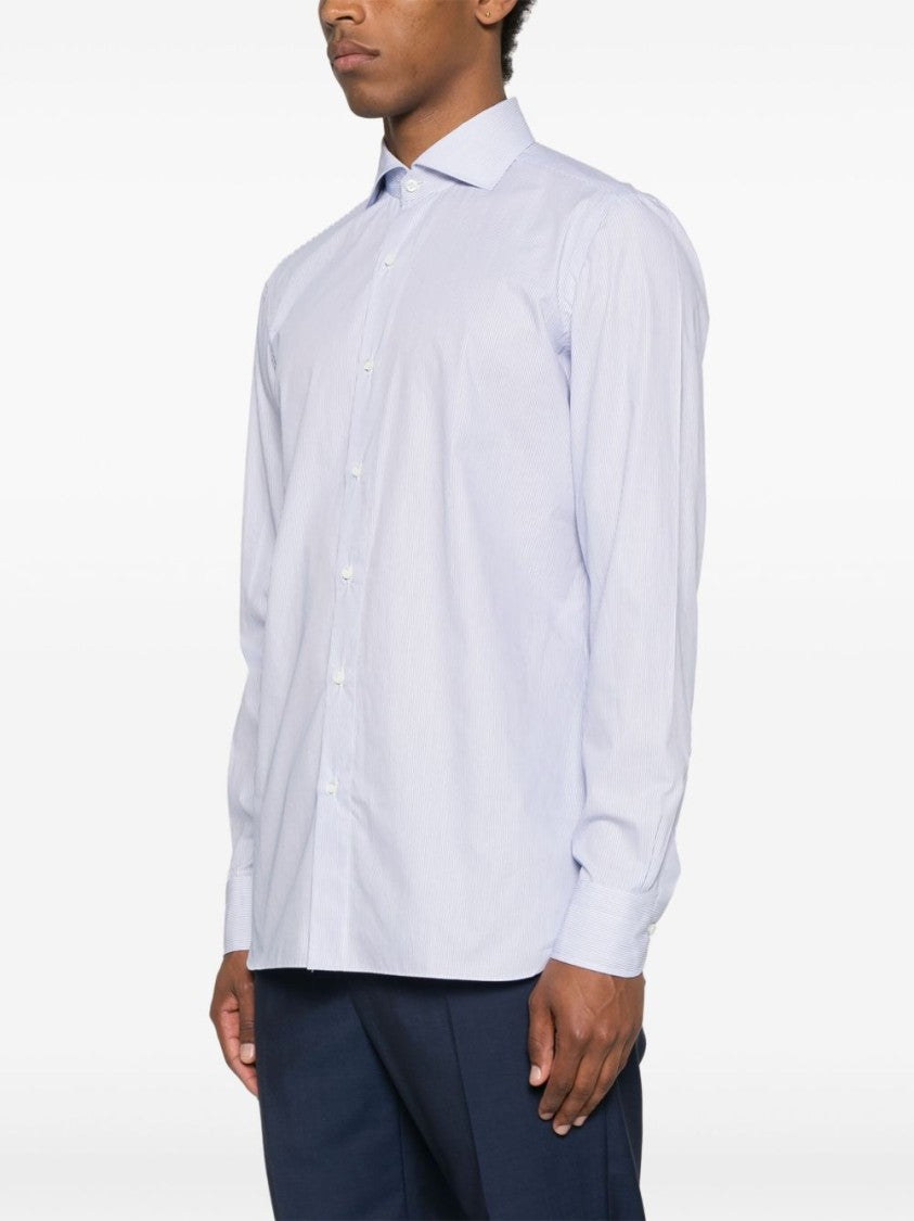 Borrelli White Popeline Shirt With Horizontal Stripe Pattern And Cutaway Collar