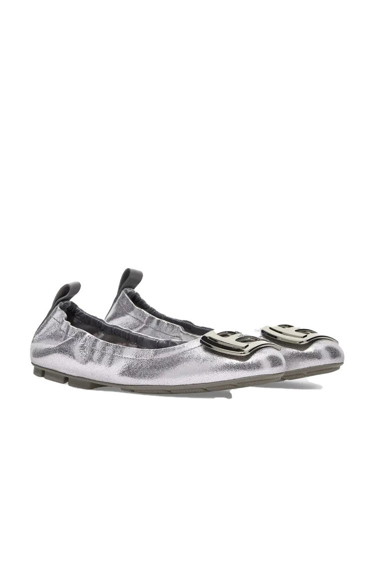 Hogan Silver Logo Buckle Elasticated Metallic Leather Ballet Flats