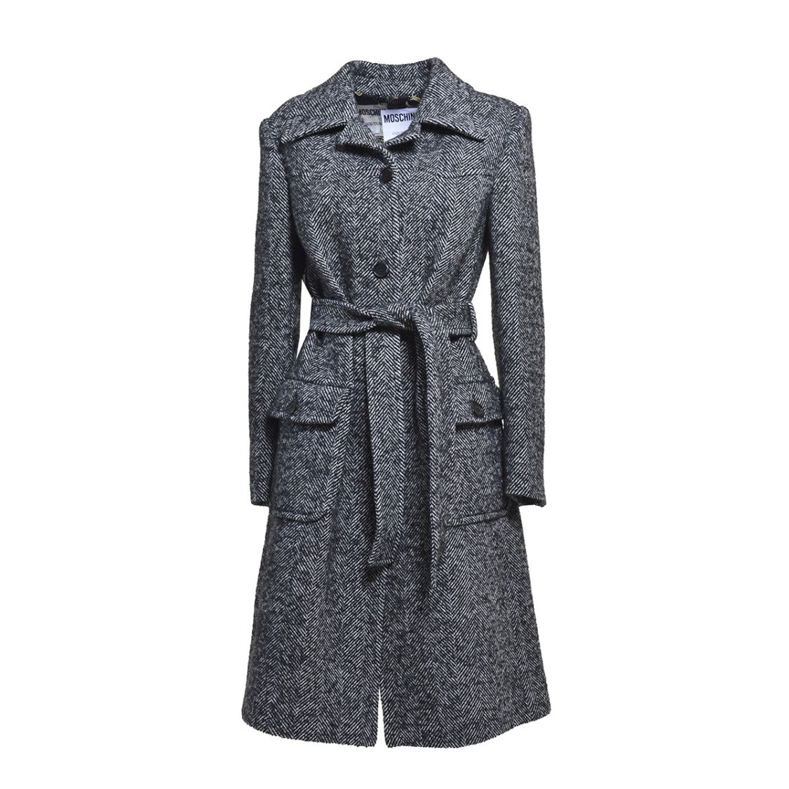 Moschino Single Breasted Wool Coat Black Herringbone Pattern