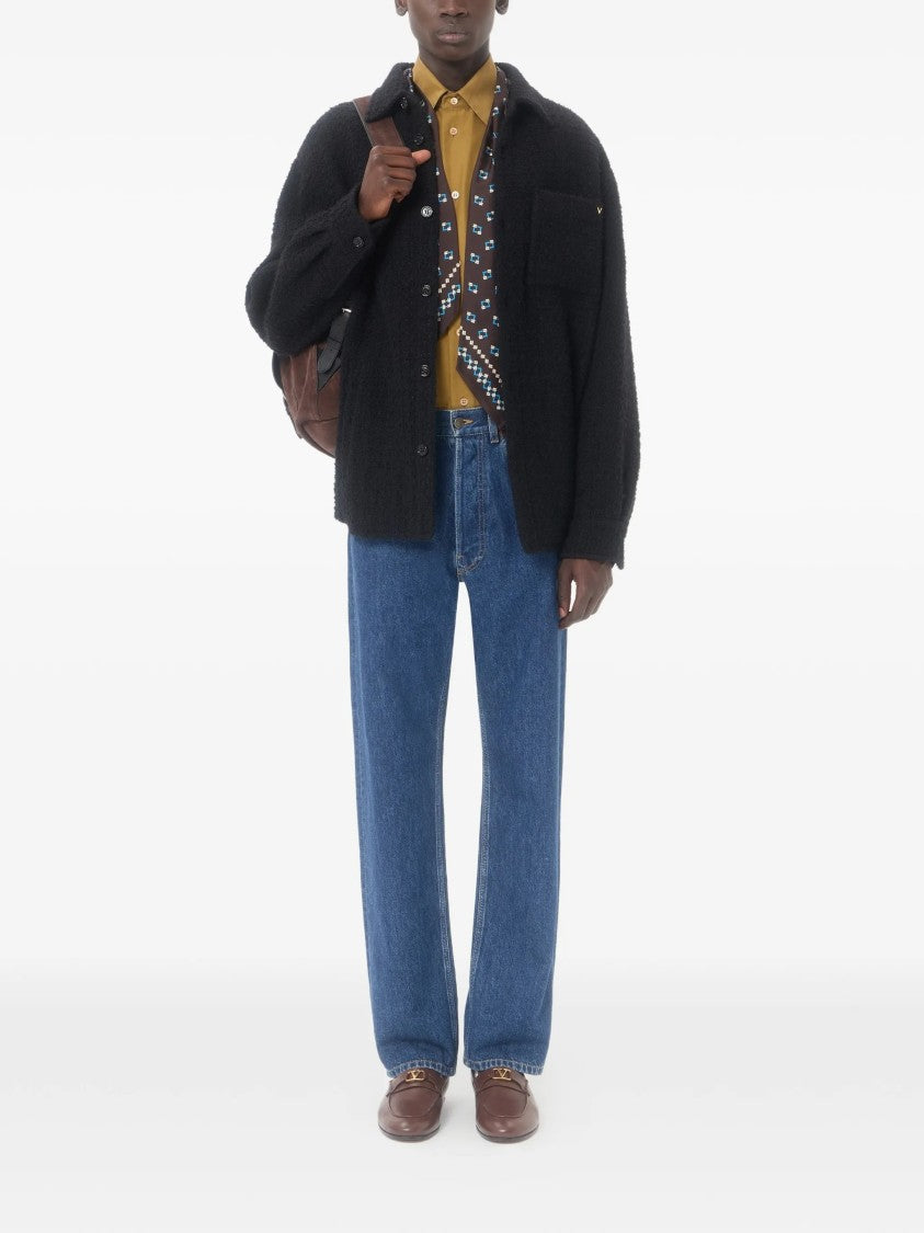 Valentino Textured Black Button-Up Jacket With Classic Collar And Subtle Logo