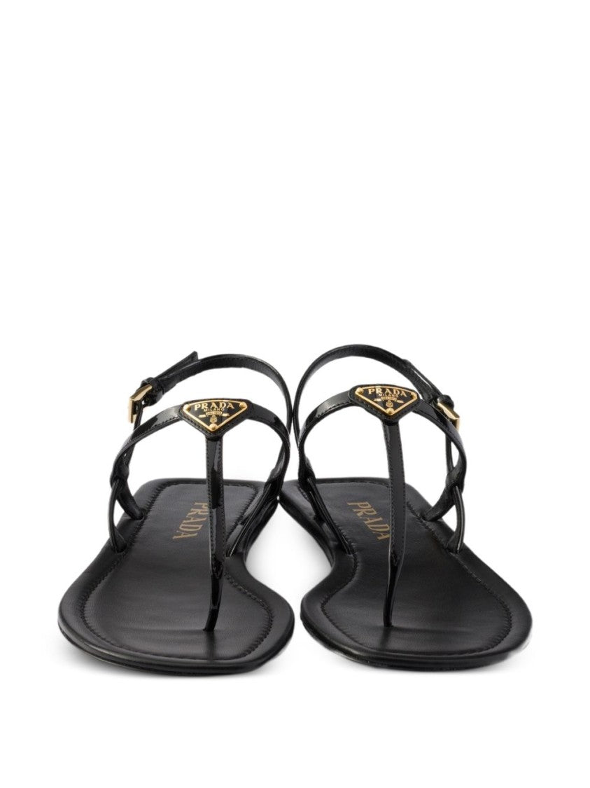 Prada Black Patent Leather Thong Triangle Sandals