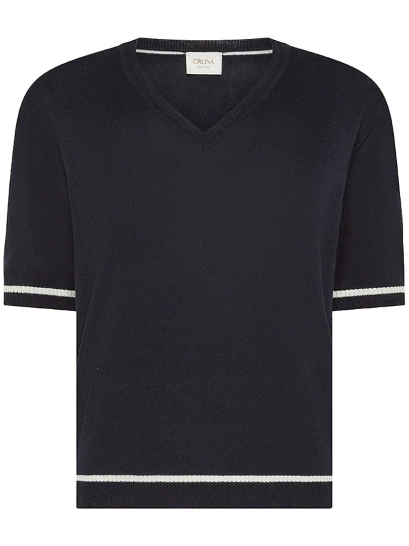 Cruna Dark Cropped V-Neck Contrasting Stripe T-Shirt