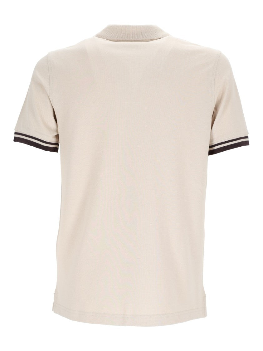 Fay Beige Striped Cuffs V Notch Polo Shirt