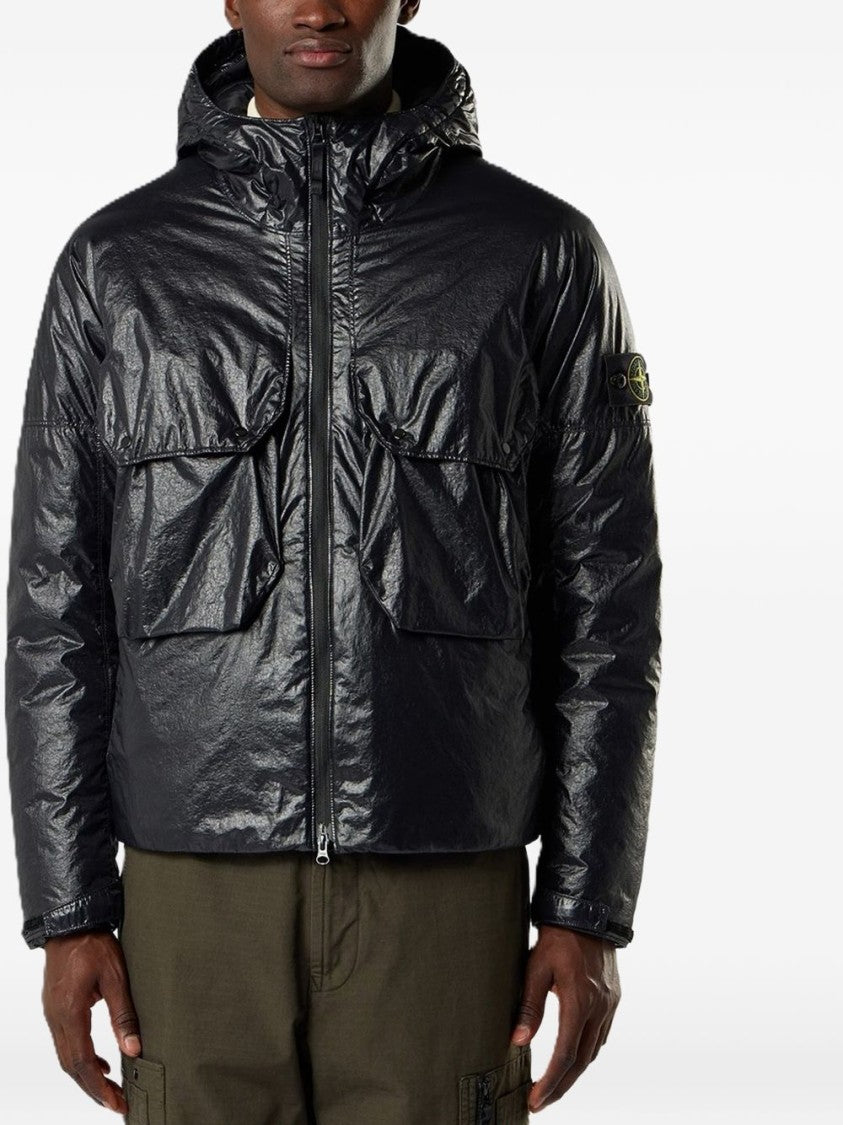 Stone Island Crinkled Texture Black Coat With Hood And Patch Logo
