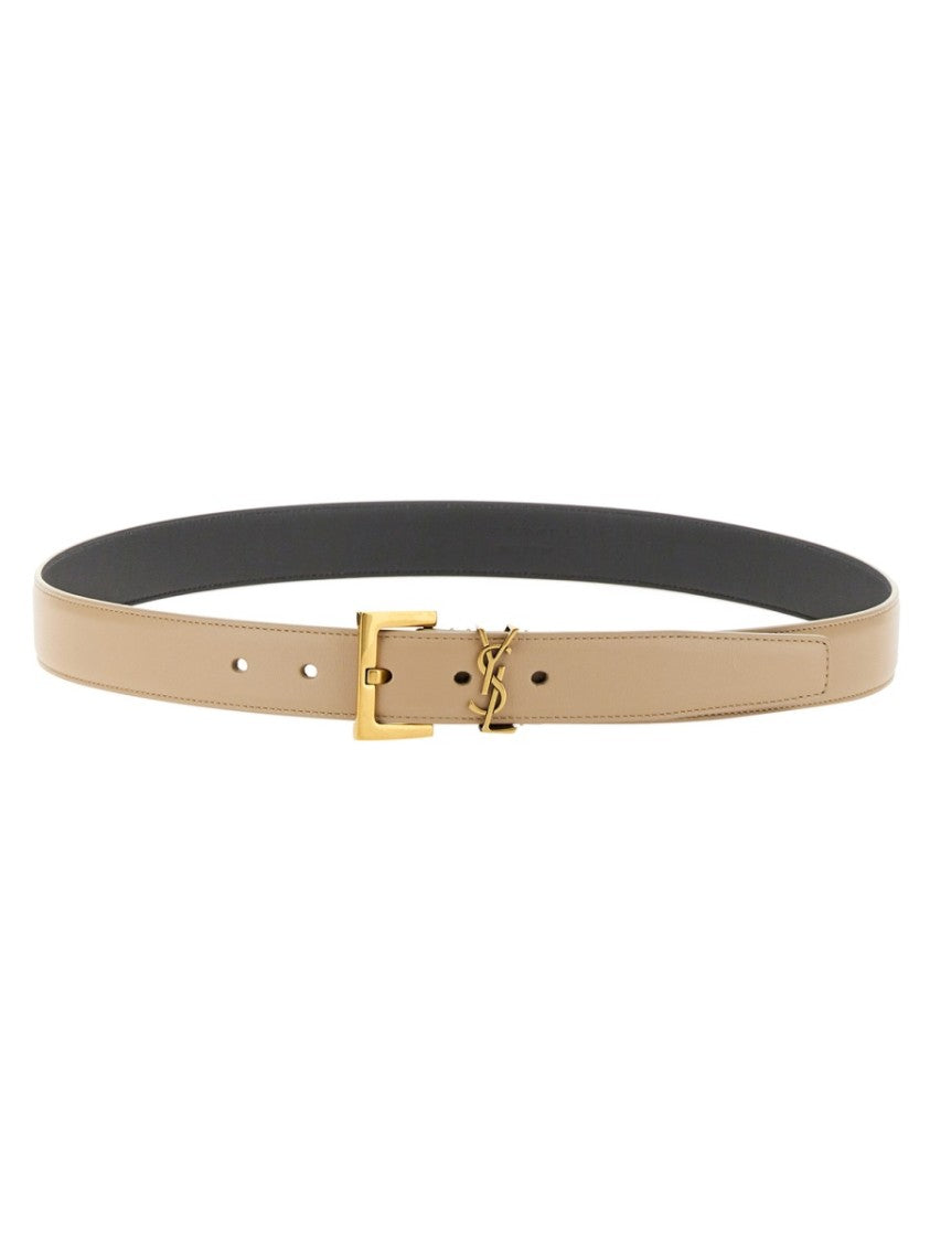 Saint Laurent Slim Calf Leather Belt With Gold-Tone Buckle