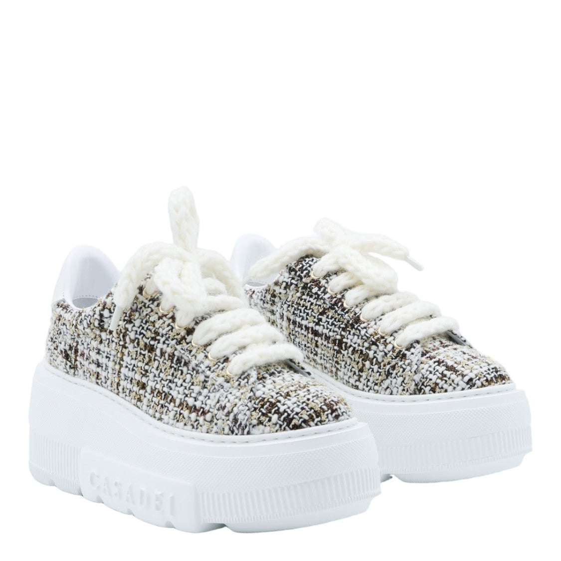 Casadei Textured Tweed Chunky Platform Sneakers With Braided Laces