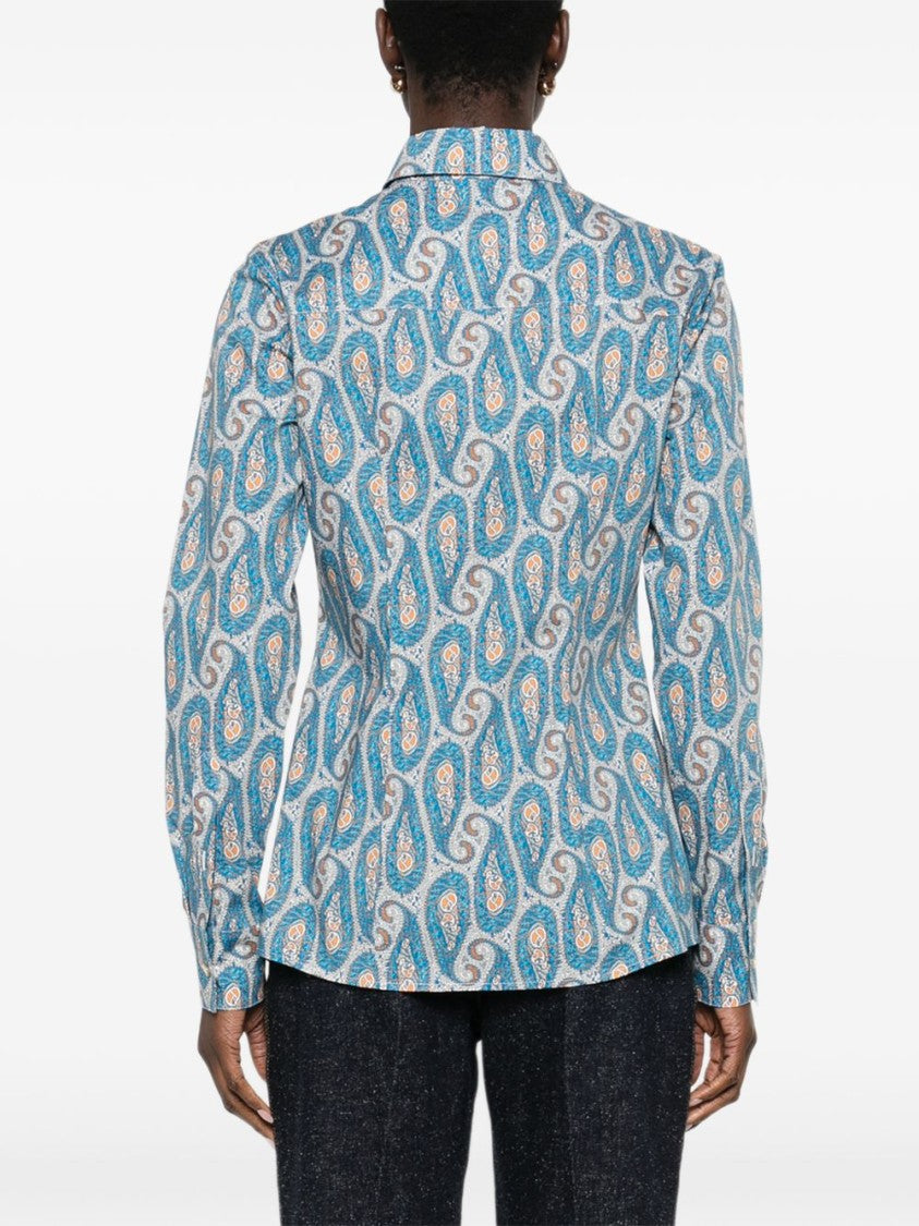 Etro Turquoise Paisley Print Long-Sleeve Shirt With Classic Collar