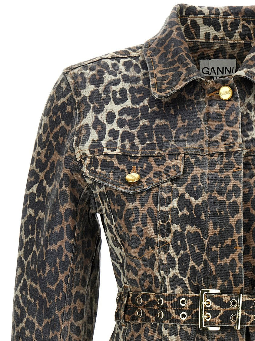 Ganni Leopard Print Cotton Denim Mini Dress