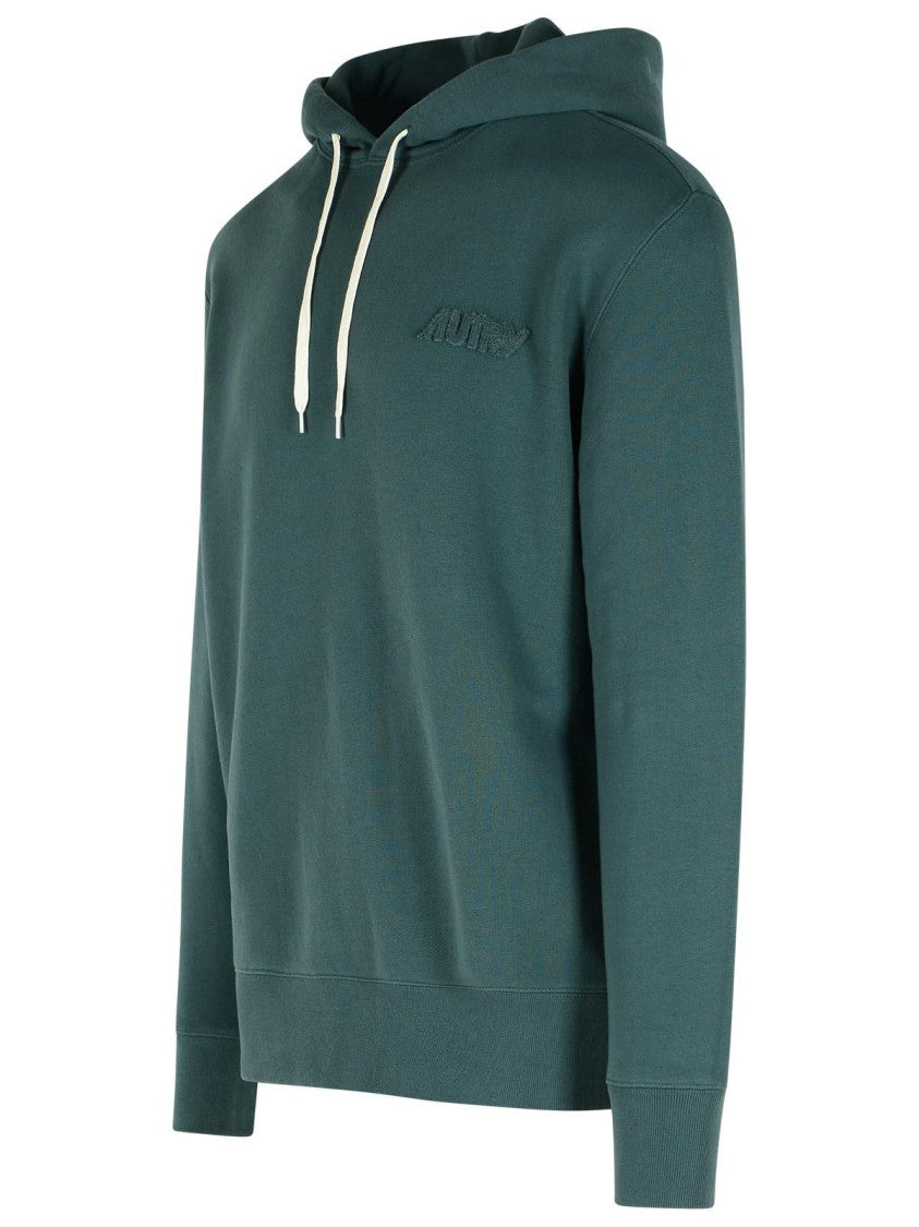 Autry Green Cotton Drawstring Hoodie With Logo Patch