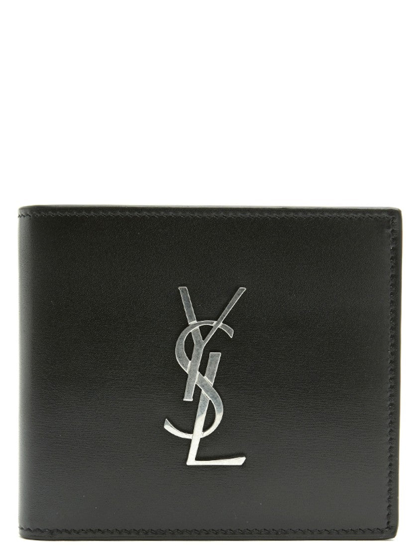 Saint Laurent Minimalist Black Leather Wallet With Silver Logo