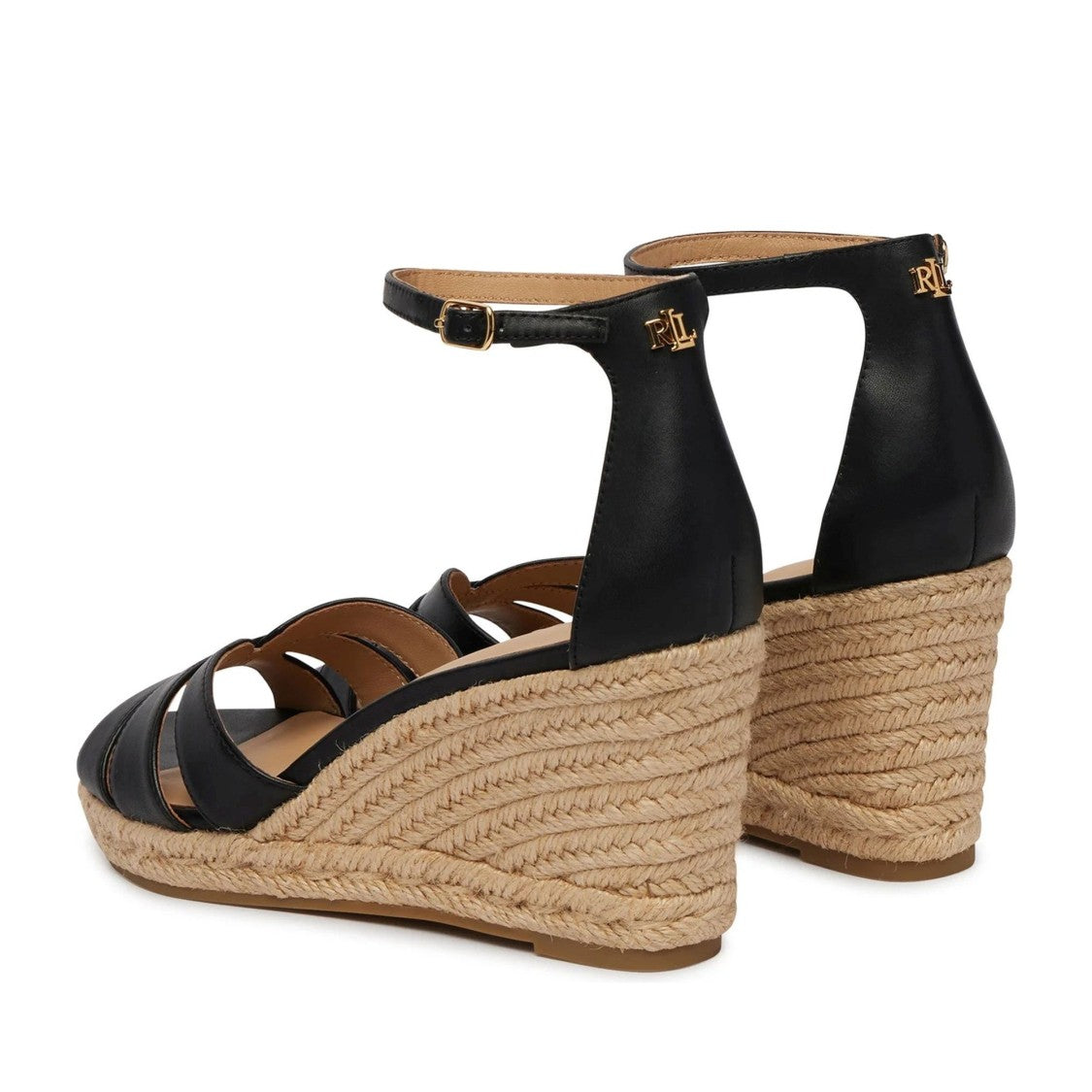 Lauren Ralph Lauren Black Nellie Leather Braided Jute Wedge Espadrilles