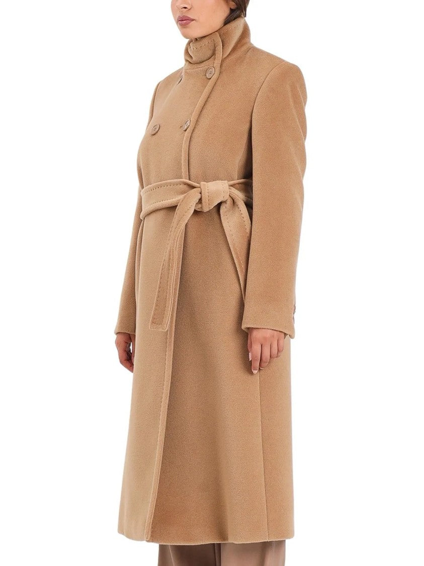 Max Mara Long Double-Breasted Beige Wool Coat With Matching Belt