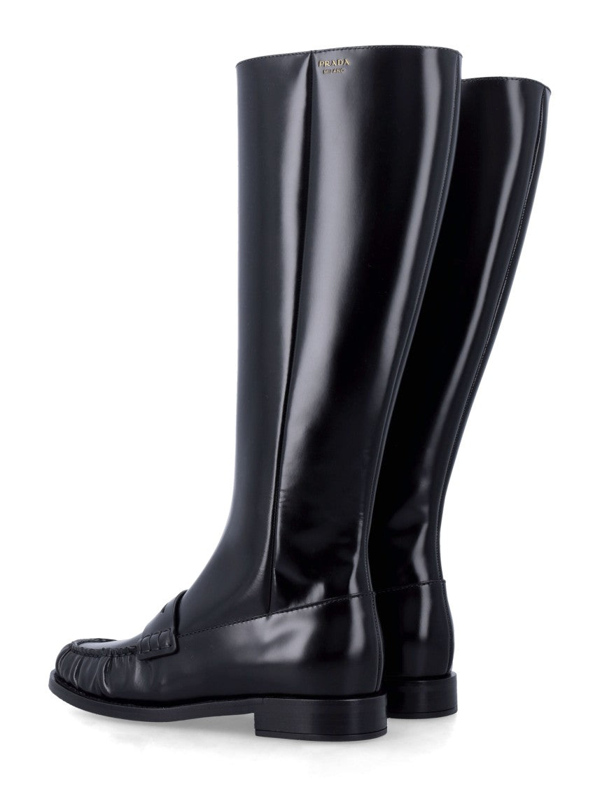 Prada Polished Leather Penny Knee-High Boots