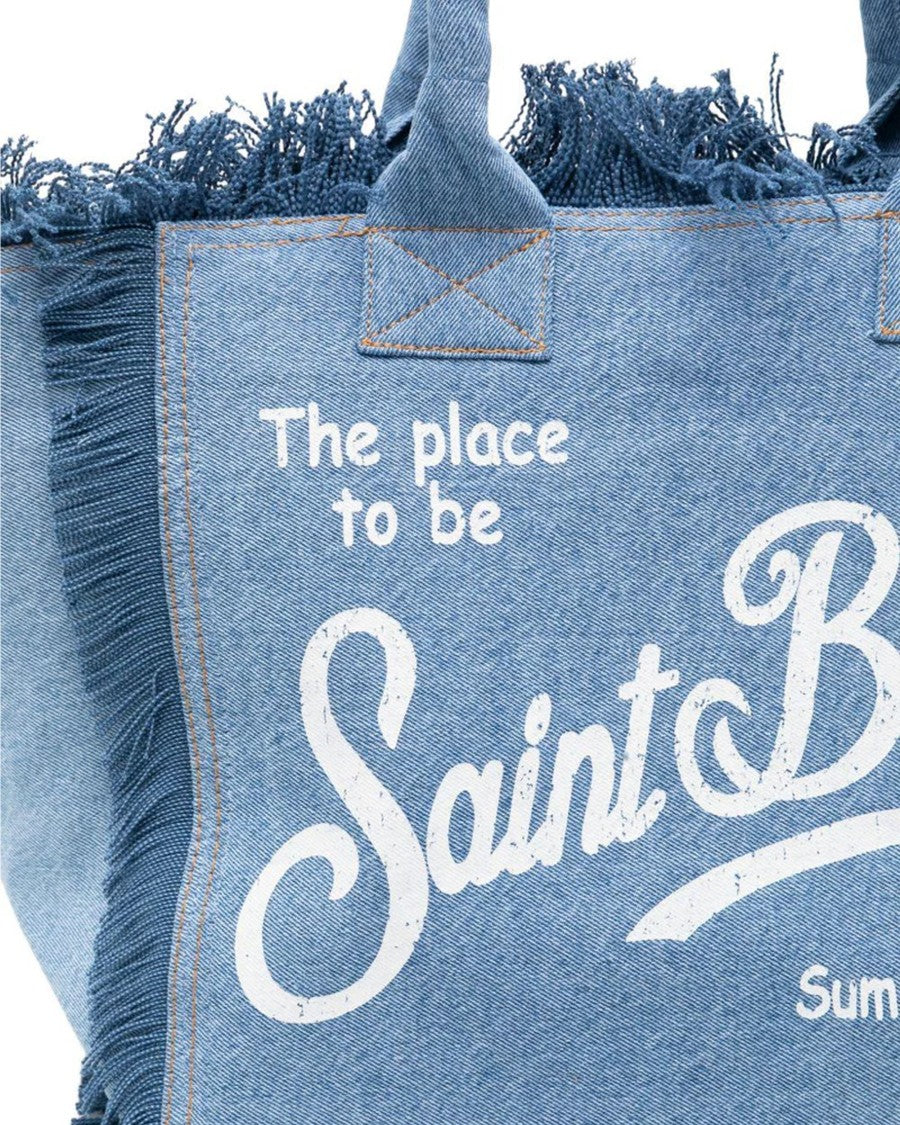 Mc2 Saint Barth Fringed Denim Tote Bag With Internal Flap And Zippered Pocket