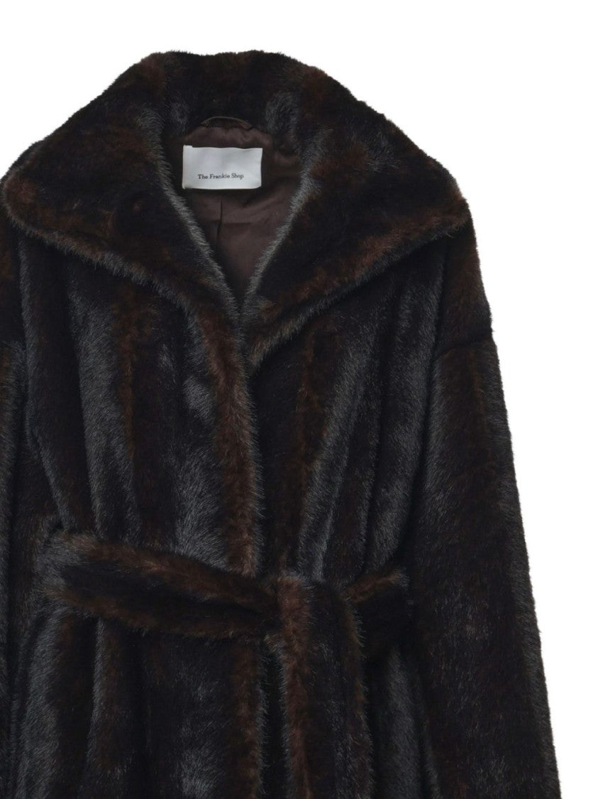 The Frankie Shop Plush Belted Faux Fur Wide Collar Jacket