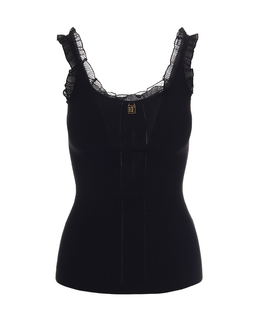 Elisabetta Franchi Slim-Fit Black Knit Top With Scalloped Lace Detail